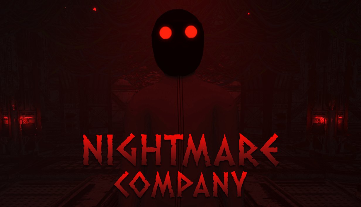 Nightmare Company key art — a masked figure with glowing red eyes standing in a dark red facility.